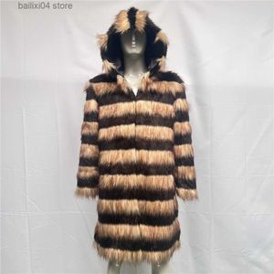 Mäns päls faux päls zadorin höst vinter män faux päls huva mode leopard pläd mönster lång vindbrytare fluffy faux päls jacka män jackor t230926