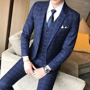 Men's Suits (Blazer Pants Vest) Luxury Men Suit 3 Piece Set Fashion Boutique Lattice Groom Wedding Dress Tuxedo Banquet Club