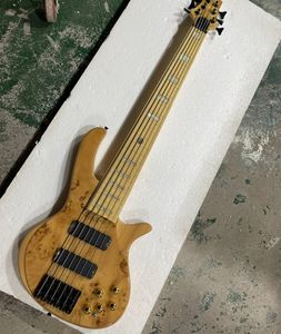 6-String Fretless Natural Wood Electric Bass Guitar with Burl Veneer Logo/Color Customization