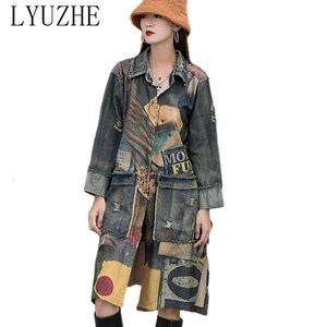 Kvinnans jackor lyuzhe Spring Autumn Women Causal Washed Distressed Denim Stitching Printed Cardigan Loose Mid-Length Denim Jacket TT007L 230925