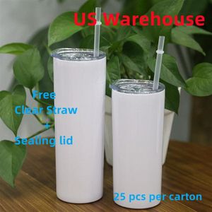 US Warehouse 20oz gerade dünne Sublimationsbecher mit transparentem Strohhalm-Verschlussdeckel, Edelstahl, glänzend, blanko, weiß, doppelt, WA230V