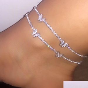 Anklets Trendy Shining Cute Butterfly Crystal Tennis Anklet For Women Gold Sier Color Boho Sandals Rhinestone Foot Ankle Chain Jewel Otbq2