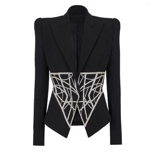 Women's Suits Fashion Luxury Ladyblack Blazer Autumn Studded Diamond Patchwork Hidden Breasted Long Sleeve Slim Coat High Quality Chic