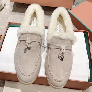 High end luxury LP leather one foot flat bottomed lazy loafers for women winter plush insulation and fur integrated men's bean shoes332