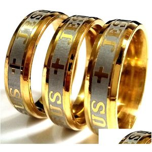 Band ringer nya 30st etsade Jesus Cross rostfritt stål ring 316L bred 6mm guld relius komfort passar kvalitet mens kvinnor smycken parti dro dht5w