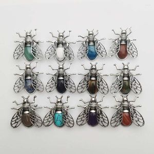 Brosches Natural Crystal Stone Rose Quartz Bee Archaize Silver Color Brooch Pendant Animal Insect Accessories Smycken Making 12st