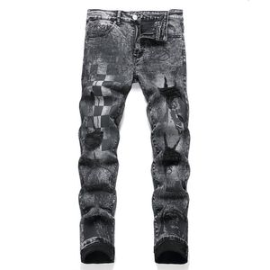 Men's Jeans Punk Rock Fashion Plaid Printed Ripped Trendy Slim Elastic Nightclub Perforated Denim Pants Worn Out Black Grey 230926