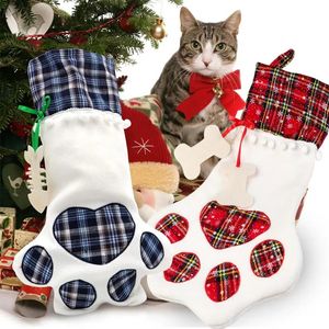 18x11 inch Pet Dog Paws Christmas Stocking Ornaments Burlap Plush Plaid Xmas Tree Gift Bags Red Hanging Fireplace Christmas Decorations With Large Dog Cat Paw