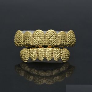 Grillz Dental Grills New Real Gold Sier Plated Hip Hop Lattice Shape Teeth Top Bootom Groll Set With Sile Fashion Party Jewelry Drop D Dhekn