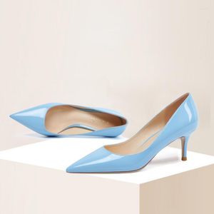 Sapatos de vestido Sky-azul patente couro mulheres bombas fácil emparelhado jovem menina 6cm apontado dedo do pé deslizamento-on stiletto salto alto desgaste diário