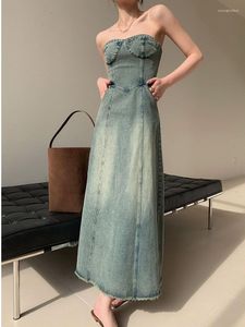 Casual Dresses Vintage Blue Denim Lång klänning för kvinnor Zip Up Back Chest Wrapping Jeans 2023 Summer ärmlösa Slim Vestdios 9550