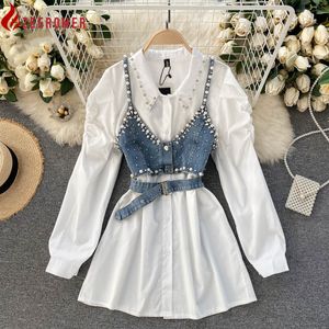 Vestidos casuais básicos 2023 novo high-end camisa branca vestido feminino lapela diamante pérola camisa de luxo curto jeans colete chique dois conjuntos de peças moda feminina 230926