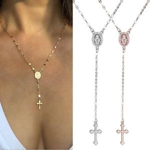 Hot Selling Virgin Mary Jungfru religiös Jesus Cross Pendant Chic Gold Filled Cross Rosary Men Womens Halsband LL