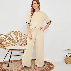 Women Sweater Set 2 eller 3 Piece Outfits Short Sleeve Stick Pullover Tops High midje Wide Ben Pants Lounge Sets 2309224