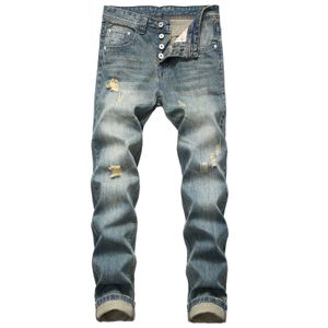 Jeans masculinos de alta qualidade moda homens marca rasgado para calças jeans retro botão placket reto angustiado riscado 230926