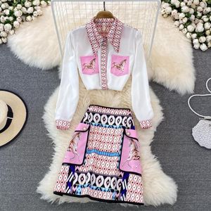 Vestidos de trabalho moda primavera outono conjunto saia curta senhoras elegante impressão solta manga longa camisa luxo cintura alta conjuntos de duas peças