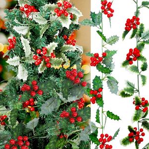 Flores decorativas 2m natal artificial folhas de azevinho videira guirlanda bagas vermelhas grinalda festa de casamento casa vaso decoração artesanato planta