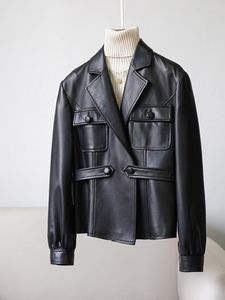 Couro feminino 2023 jaqueta genuína feminina casaco de pele carneiro real primavera outono moda cinto botão outerwear streetwear