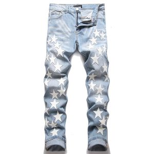 Jeans masculinos homens branco couro estrelas remendo hip hop luz azul lápis calças novo estilo moda slim fit high street denim 230926