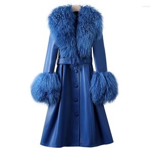 Kvinnor läder äkta kvinnor långärmad bälte lambskin outwear 2023 mode blå äkta får ull krage damer fårskinn trenchrockar