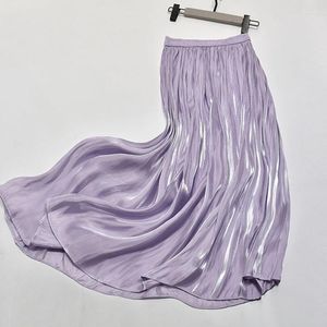Skirts Super Fashion Summer Metallic Cupro Silk Mid-calf Elastic Waist Soft Draped Pleated Long A-line Pink Mint Green