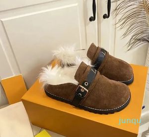 Women Slippers Plush Mules Suede Leather Fur Thermal Slides Indoor Flats Bottomed Buckle Decorative Loafers