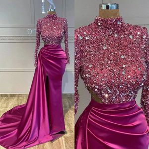 Elegante decote alto vestidos de celebridades mangas compridas lantejoulas vestidos de baile para as mulheres varrer chão vestidos de noite feitos sob encomenda