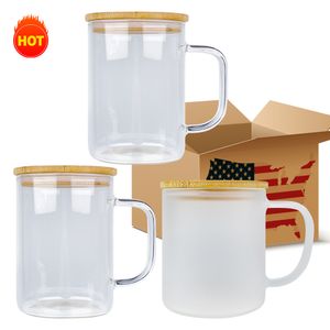 BPA free reusable High Borosilicate blank sublimation crystal clear frosted 17oz glass coffee mugs with bamboo lid and straw for Dye Sublimation Heat Press