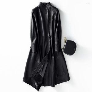 Kvinnor läder 2023 äkta jacka hösten vinterrock kvinnor kläder koreanska vintage äkta fårskinn svart vindbre