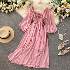 Grundläggande avslappnade klänningar woherb chic elegant fyrkantig krage maxi klänning kvinnor solid chiffon puff hylsklänningar koreanska mode vintage ruffle vestidos 230926