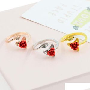 Anelli a fascia Trendy Red Rose Garden Flower Leaves Anello aperto Dito ridimensionabile per le donne Regalo di San Valentino Gioielli Consegna di goccia Dhgnd