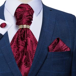 Bow Ties Burgundy Red Paisley Men Vintage Ascot Tie Wedding Formal Cravat Ascot Luxury Necktie Hanky Cufflinks Ring Set For Party DiBanGu 230922