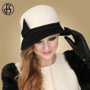 Berets FS Wide Brim Chapéus de Lã Branca Bow Bowler Fedora Chapéu para Mulheres Chapeau Femme Feutre Inverno Cloche Senhoras Igreja Felt Fedoras Caps 230926