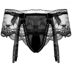 Cuecas masculinas calcinha sissy lingerie briefs sexy roupa interior ver através de renda com liga shorts masculinos tangas