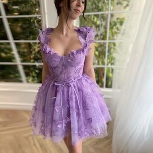 Lavender V Neck Tulle A Line Homecoming Dresses Arabic Lace Applique High Low Princess Short Prom Party Graduation Dresses 01