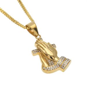 New Mens Hip Hop Parying Hands Croce Ciondolo Iced Out Strass Acciaio inossidabile Colore oro Collana con pendente Catena Punk Jewelry3080