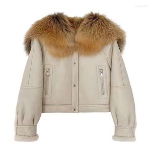Damska skórzana dama kurtki Shearling Jackets Women Winter Płaszcz Duże futra kołnierzyka HC6045