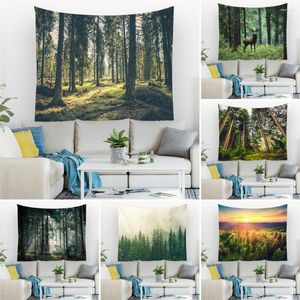 Tapestries FG Wald-Wandteppich, Wandbehang, Bäume, Heimdekoration, Polyester-Tischdecke, Misty