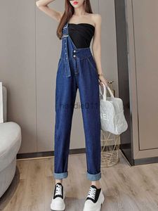 Kvinnors jumpsuits Rompers Single-Shoulder Strap Jeans Jumpsuit Women Korean Fashion Pocket Blue Rompers Female Niche Demin Streetwear övergripande kläder Y2K L230926