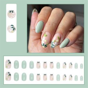 False Nails 24 Pcs Flower On Almond Shaped Medium Round Head Glue Full Cover Glossy Clear Tips For Acrylic