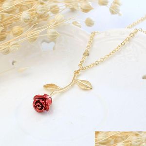 Pendant Necklaces 2022 New Fashion Vintage Rose Necklace Long Chain Charm Simple Autumn Winter Womens Jewelry Valentines Day Gift Drop Dh3Ie