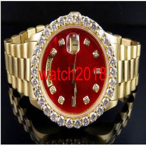 Top Quality Luxury Watch 18K Mens Yellow Gold DayDate 36MM Red Dial Bigger Diamond Watch 5 5CT Automático Mecânico Homens Relógios N263N