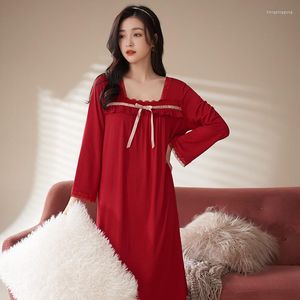 Women's Sleepwear Autumn Red Color Nightdress Long-sleeve Long Nightgowns Modal Casual Tracksuit Pijamas Mujer Sweet Lace Princess Skirt