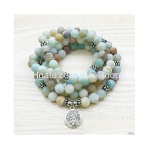 Beaded Yoga 108 Malas Buddhism Bracelet Fashion Lotus Om Buddha Charm Amazonite Beads Meditation Mti Layer Drop Delivery Jewelry Brace Dhicu