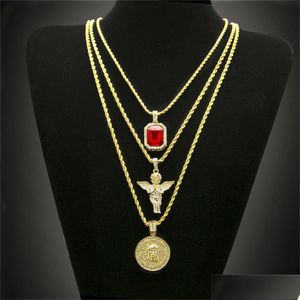 Hänge halsband Hip Hop Gold Plated Necklace Iced Out Rhinestone Crystal Jewelry Set med Angel Jesus Pendants Chain Drop Delivery Dhoac