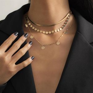 Copper Flat Snake Chain Choker Necklace For Women Collar Multi Layered Round Sequins Herringbone Necklaces Boho Jewelry Gift Choke2717