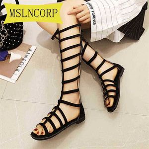 Stövlar stora kvinnor skor gladiator sandaler sommar platt knä hög lång zip up boot ihålig för mode ladie 220629