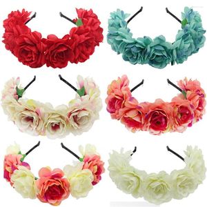 Decorative Flowers Fashion Women Bride Headband Mexican Style Rose Flower Crown Hairband Ladies Elastic Hair Head Hoop Accessories