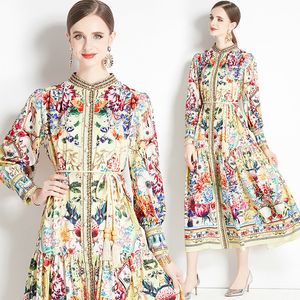 Women Boutique Printed Dress Spring Autumn Maxi Dress High-End Retro Lady Lanter Sleeve Dresses Holiday Runway Dresses