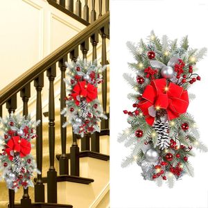 Flores decorativas natal swag grinalda pingentes simulação atmosfera guirlanda a pilhas luzes led para lareira escada decoração